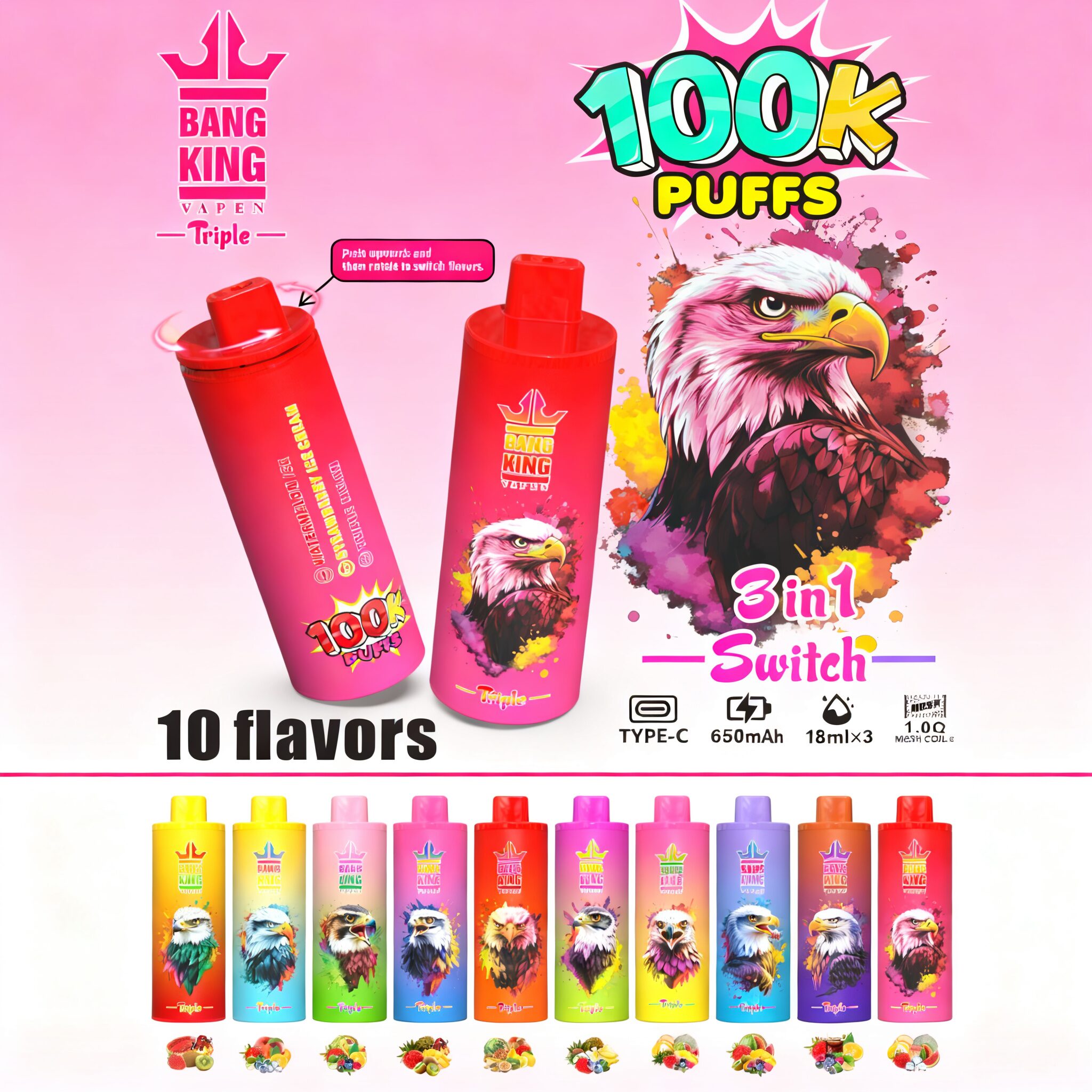 【New Arrive】Bang King Triple 100000 100K Puffs 3 in 1 Flavors Original Rechargeable Disposable Vape