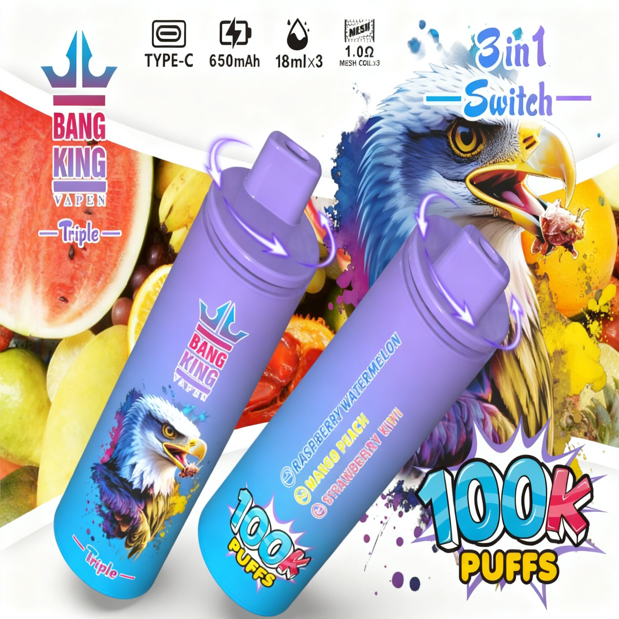 【New Arrive】Bang King Triple 100000 100K Puffs 3 in 1 Flavors Original Rechargeable Disposable Vape