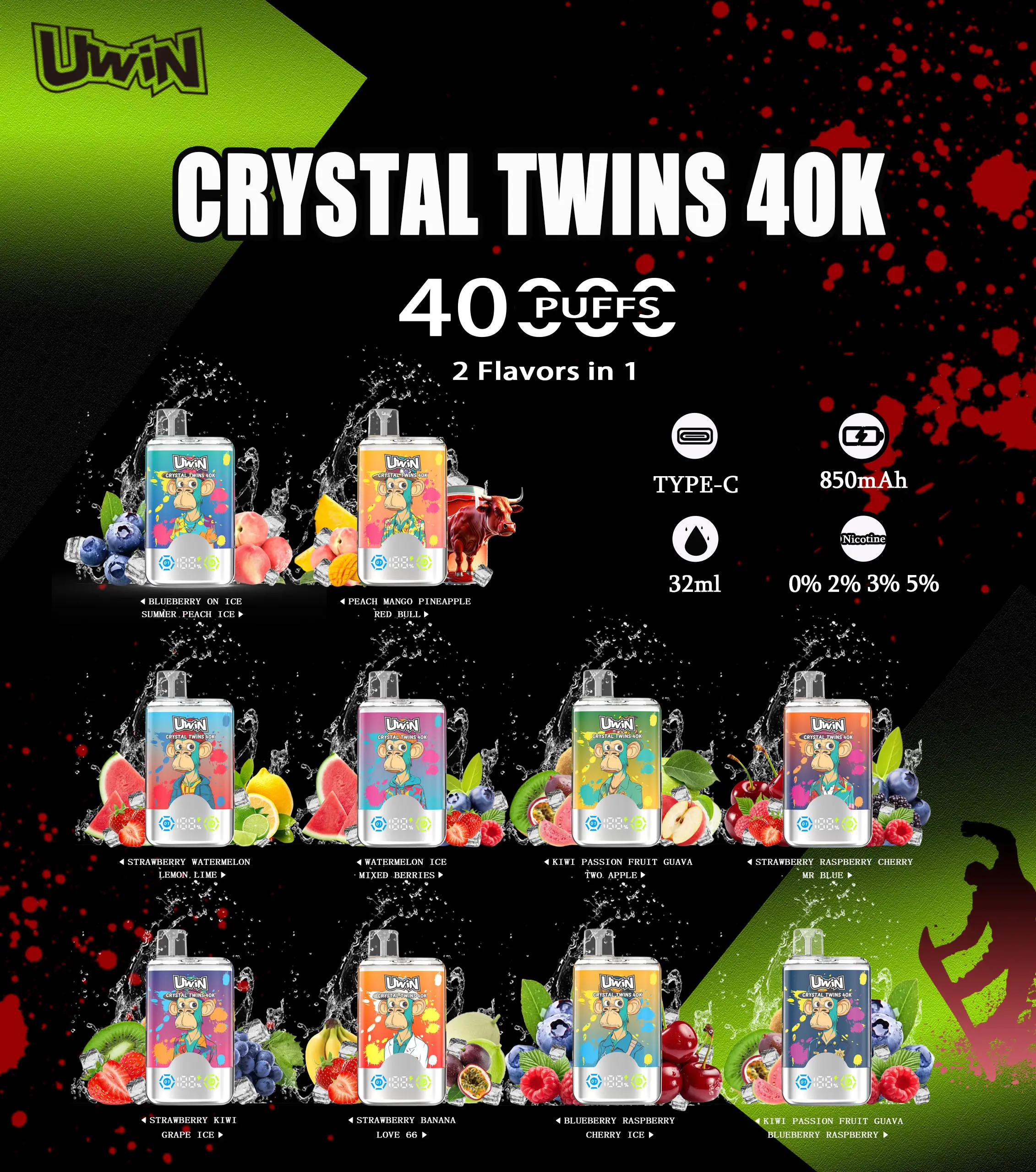 Uwin Twins Crystal 40000 40k Puffs Double Taste LED Display Disposable Vape