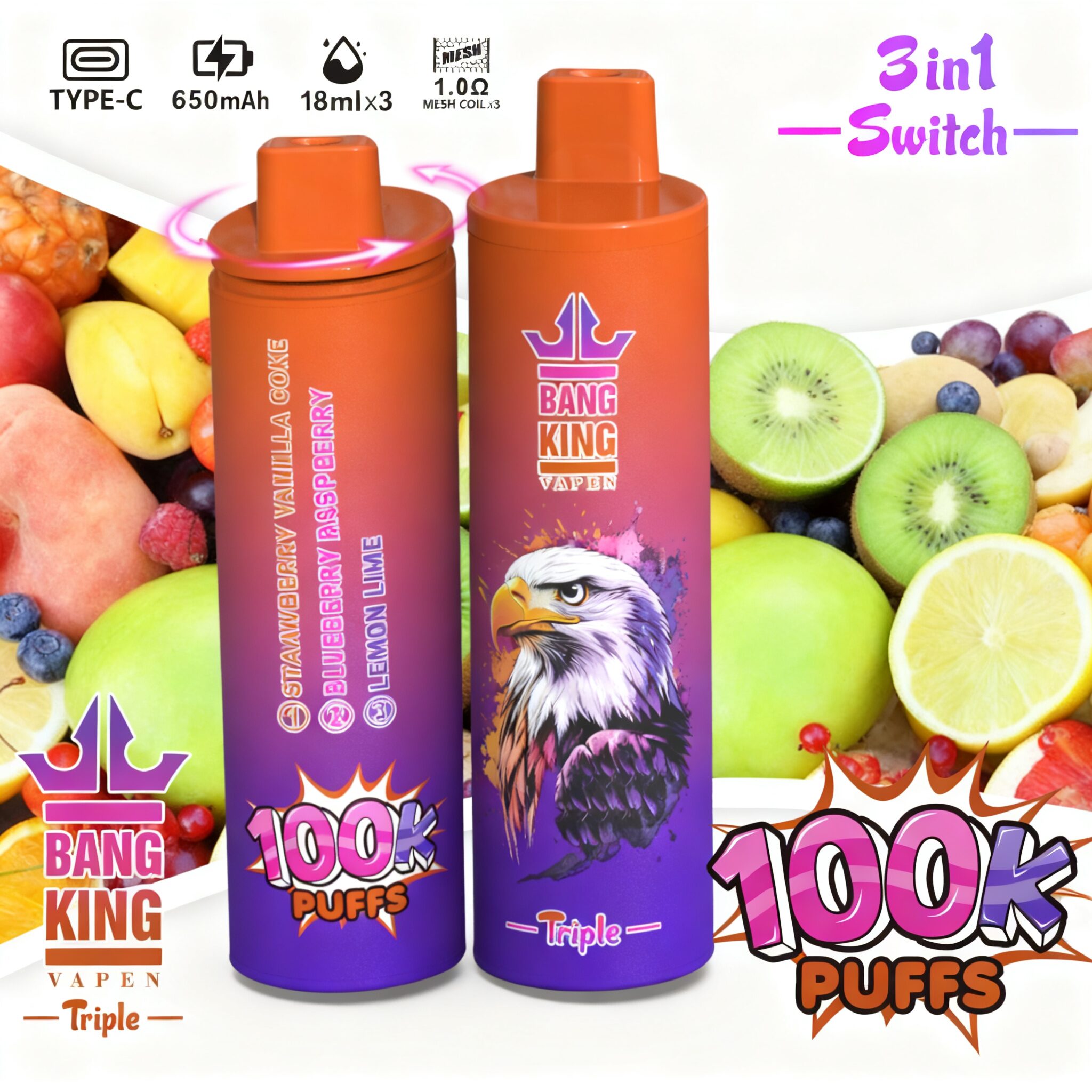 【New Arrive】Bang King Triple 100000 100K Puffs 3 in 1 Flavors Original Rechargeable Disposable Vape