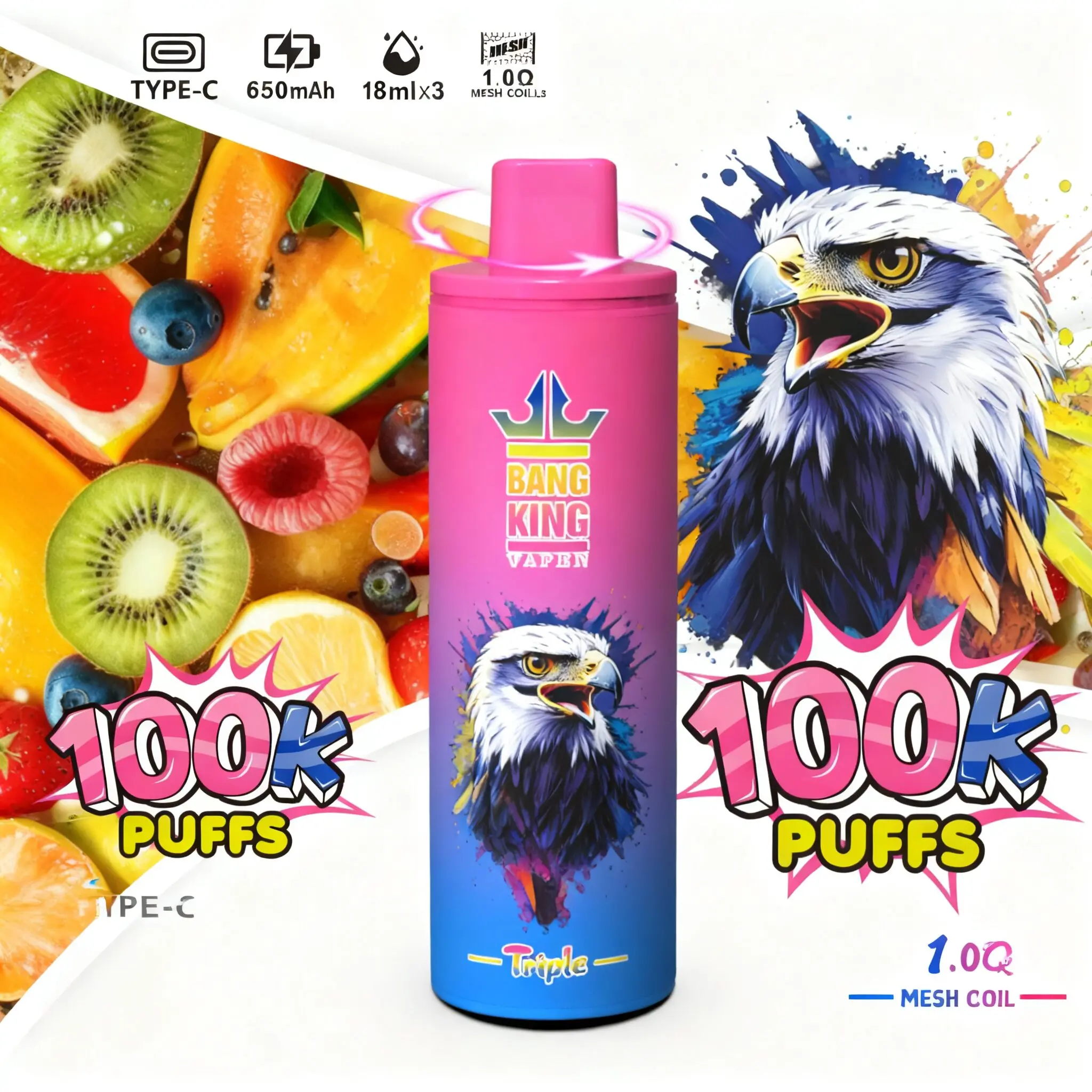 【New Arrive】Bang King Triple 100000 100K Puffs 3 in 1 Flavors Original Rechargeable Disposable Vape
