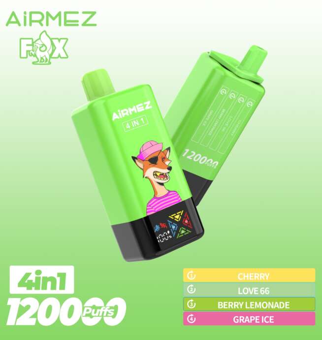 (New product promotion)Airmez Fox 120K Puffs 4 in 1 Flavors Newest Original Rechargeable LCD Display Disposable Vape