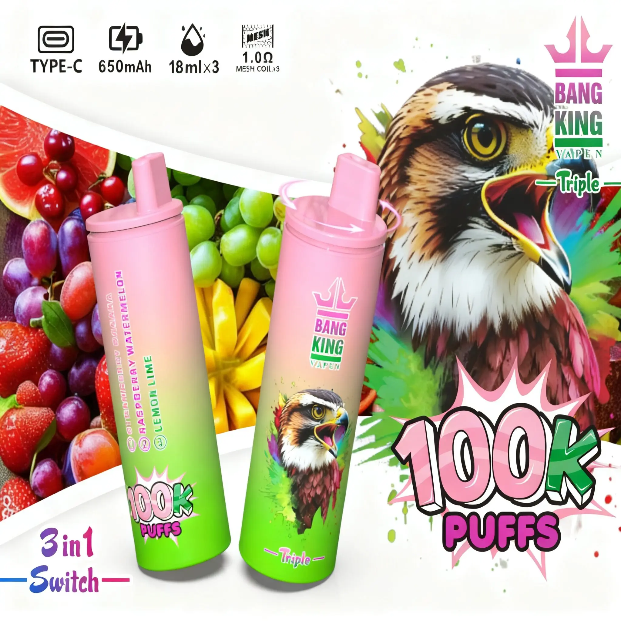 【New Arrive】Bang King Triple 100000 100K Puffs 3 in 1 Flavors Original Rechargeable Disposable Vape