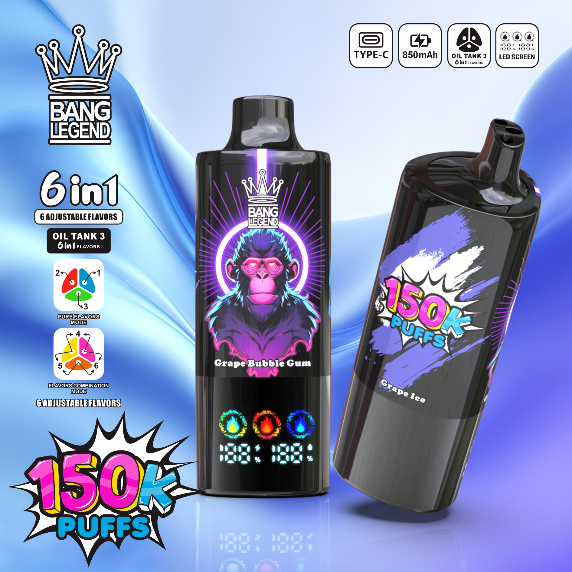【New Arrive】Bang Legend 150000 150K Puffs 6 in 1 Flavors Newest Original Rechargeable LED Display Disposable Vape