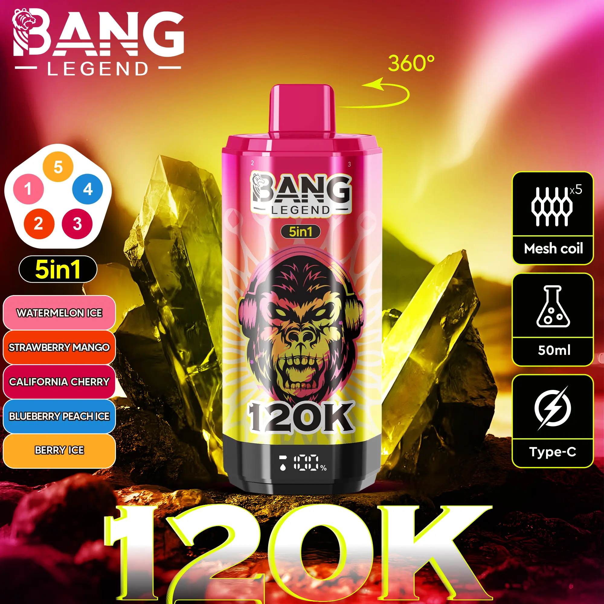 【New Arrive】Bang Legend 120000 120K Puffs 5 in 1 Flavors Newest Original Rechargeable LCD Display Disposable Vape