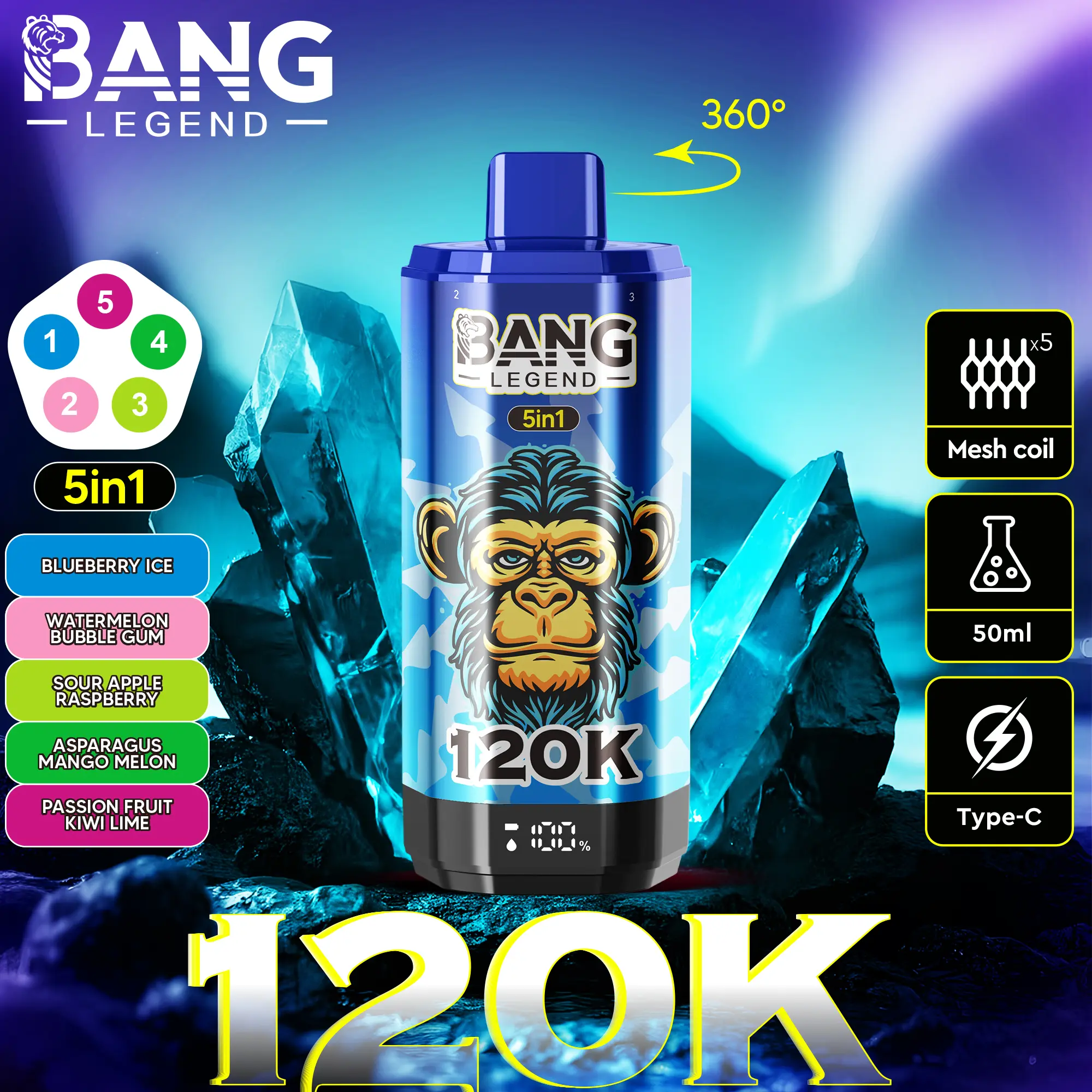【New Arrive】Bang Legend 120000 120K Puffs 5 in 1 Flavors Newest Original Rechargeable LCD Display Disposable Vape