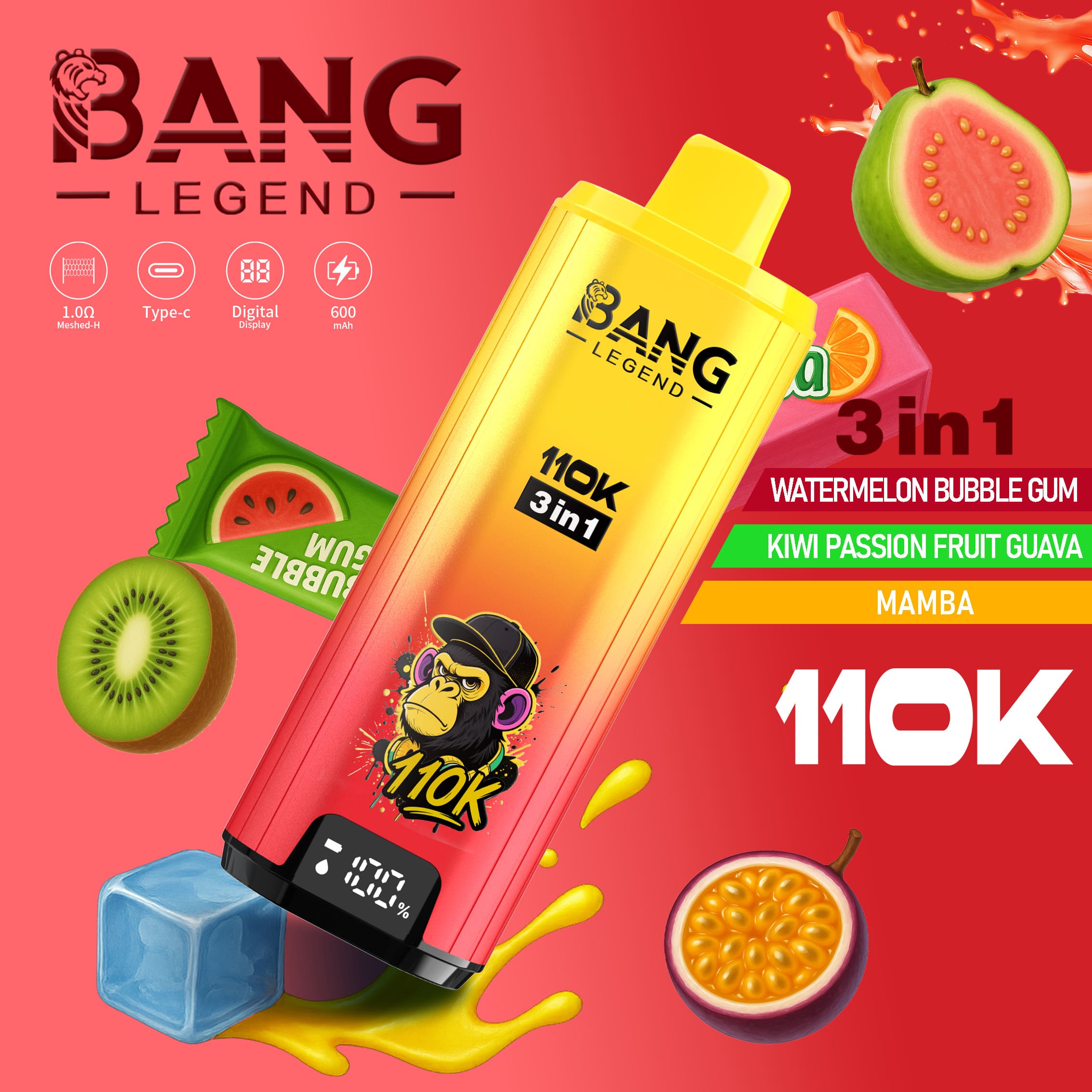 Bang Legend 110000 Puffs 3in1 Vape – Ultra Long-Lasting, Mesh Coil, Type-C Charging