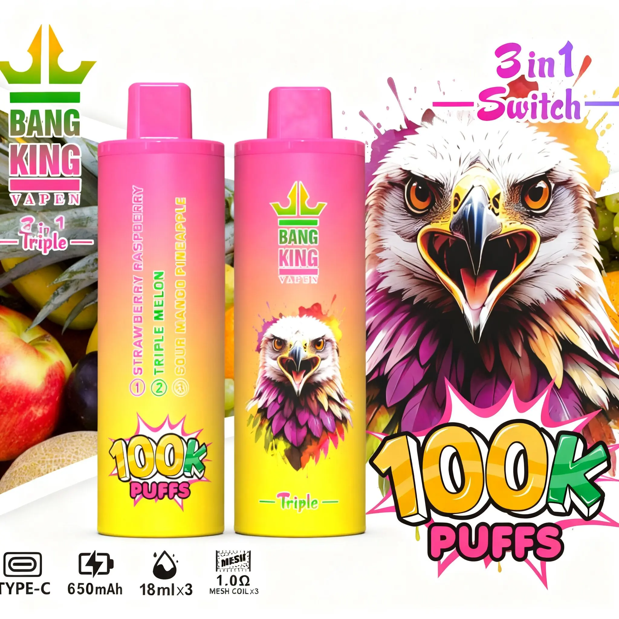 【New Arrive】Bang King Triple 100000 100K Puffs 3 in 1 Flavors Original Rechargeable Disposable Vape