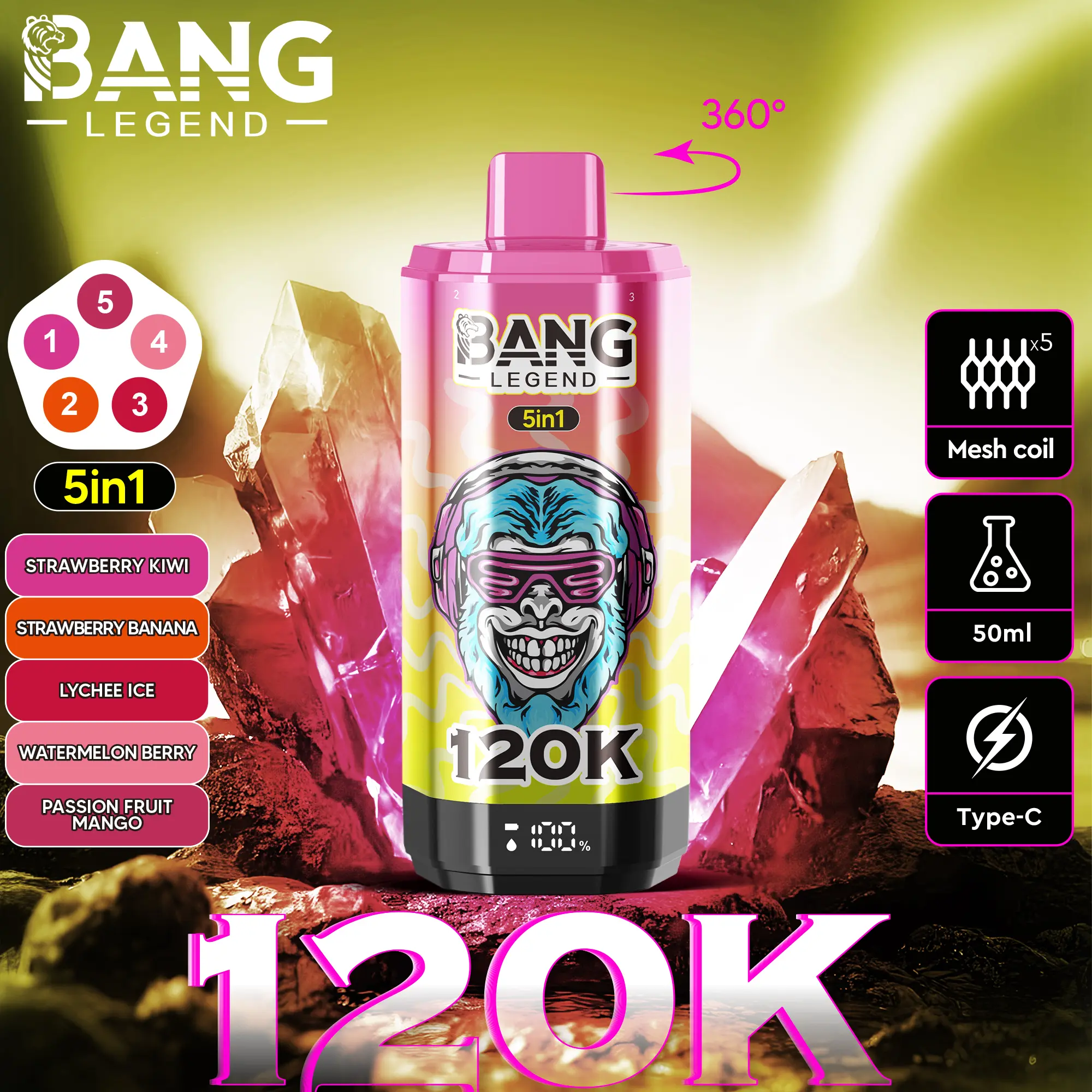 【New Arrive】Bang Legend 120000 120K Puffs 5 in 1 Flavors Newest Original Rechargeable LCD Display Disposable Vape