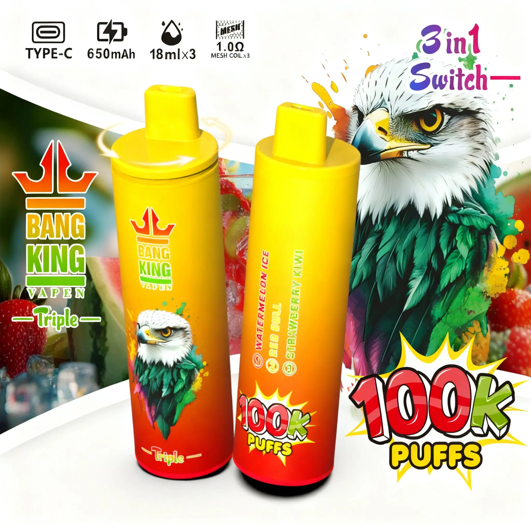 【New Arrive】Bang King Triple 100000 100K Puffs 3 in 1 Flavors Original Rechargeable Disposable Vape