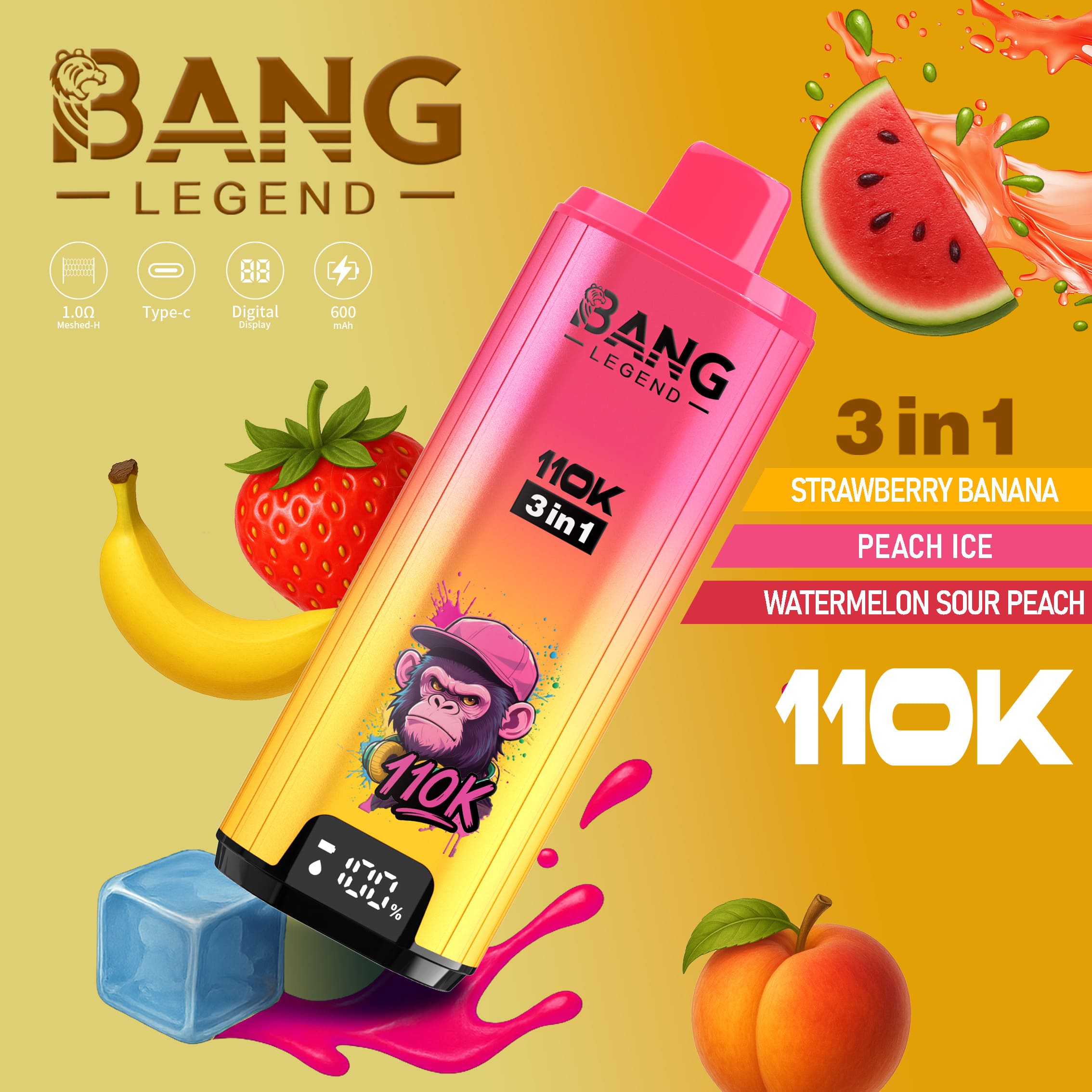 Bang Legend 110000 Puffs 3in1 Vape – Ultra Long-Lasting, Mesh Coil, Type-C Charging