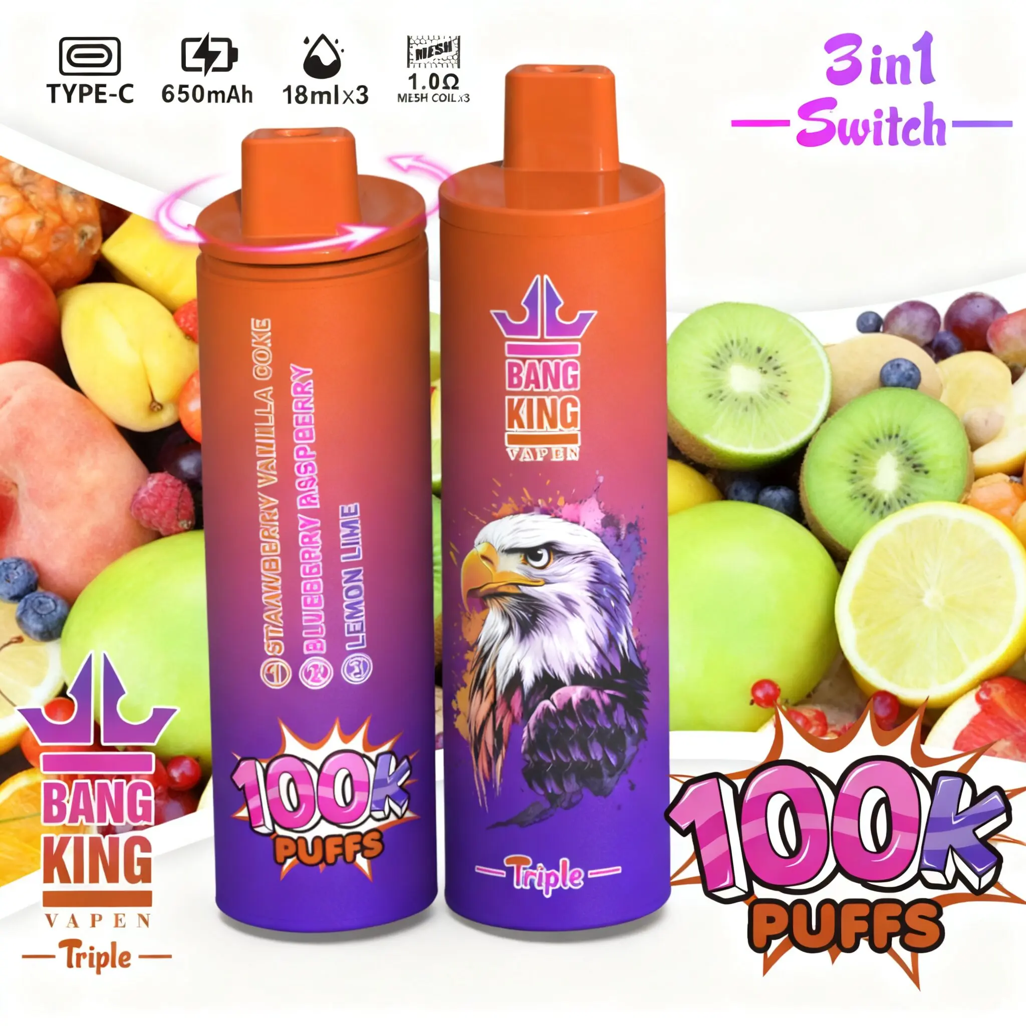 【New Arrive】Bang King Triple 100000 100K Puffs 3 in 1 Flavors Original Rechargeable Disposable Vape