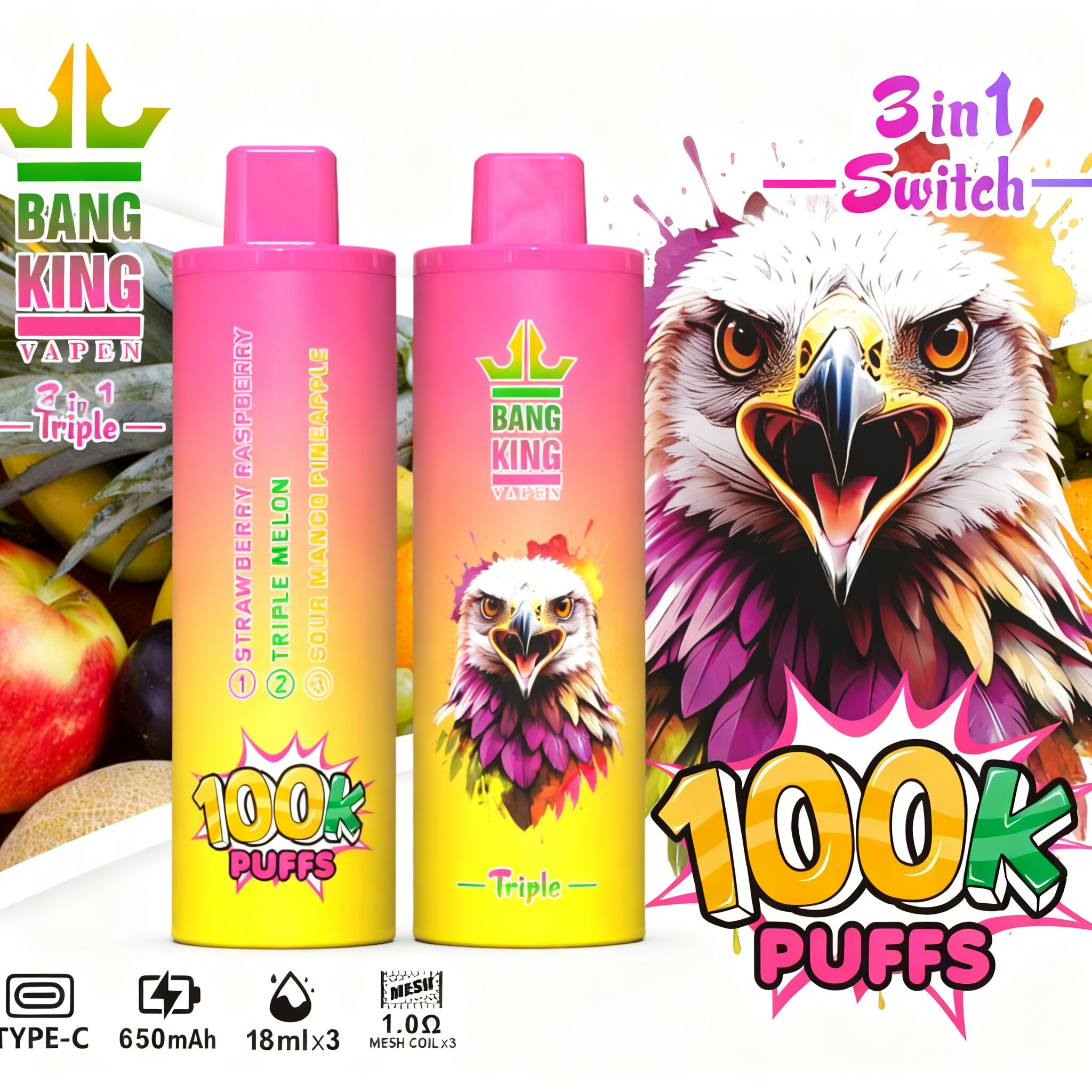 【New Arrive】Bang King Triple 100000 100K Puffs 3 in 1 Flavors Original Rechargeable Disposable Vape
