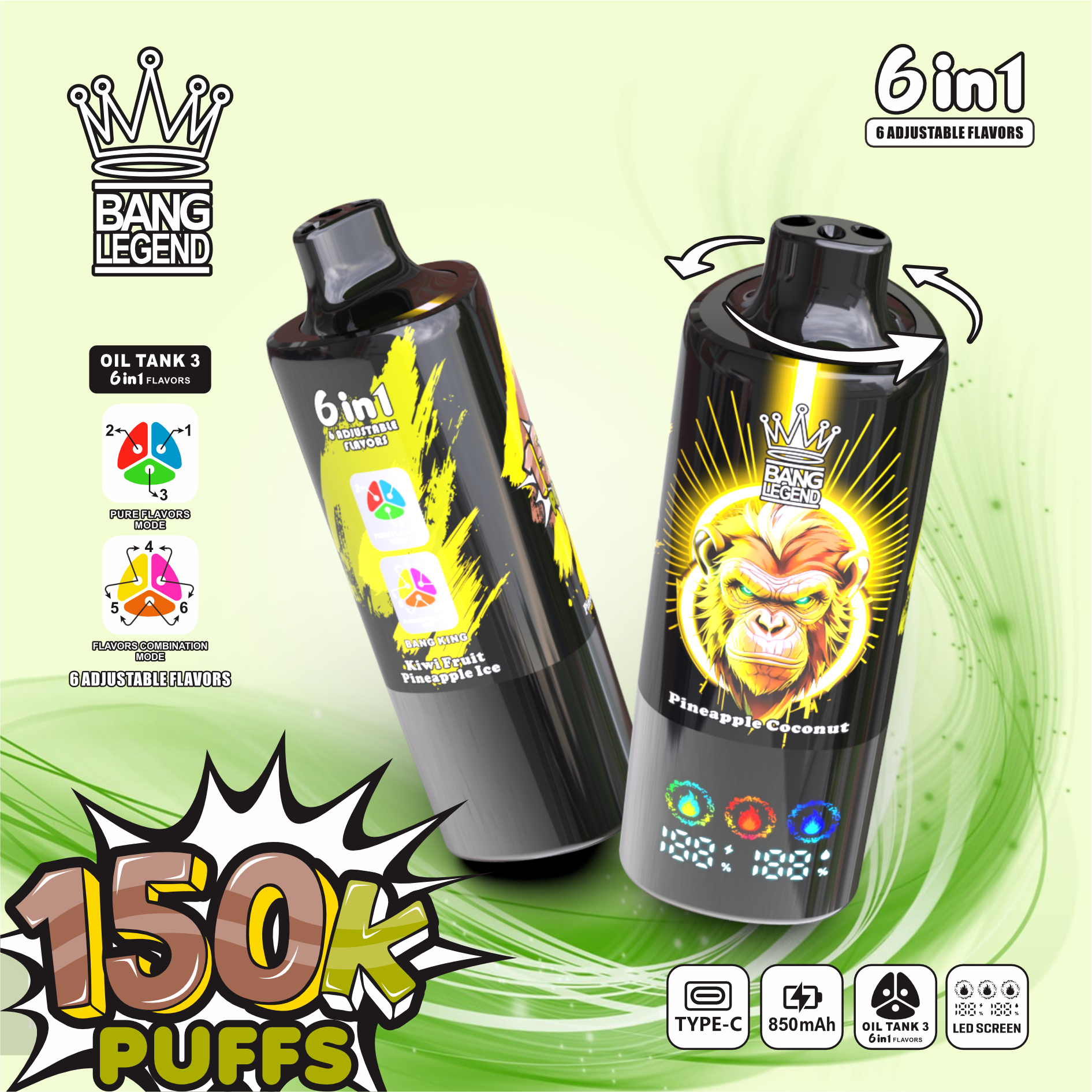 【New Arrive】Bang Legend 150000 150K Puffs 6 in 1 Flavors Newest Original Rechargeable LED Display Disposable Vape