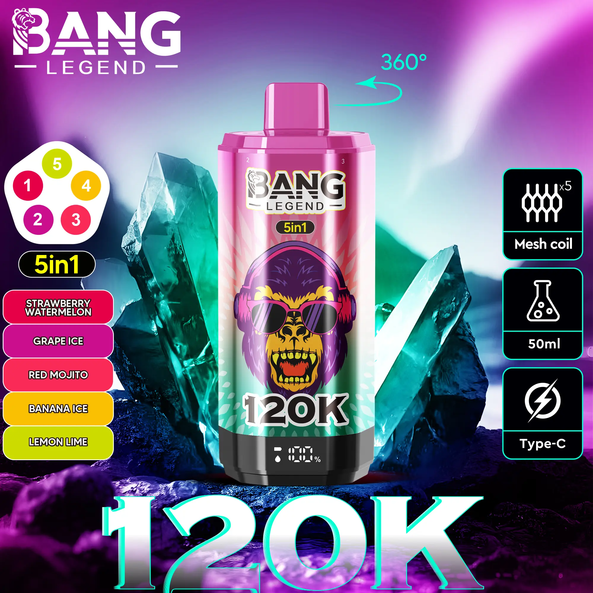 【New Arrive】Bang Legend 120000 120K Puffs 5 in 1 Flavors Newest Original Rechargeable LCD Display Disposable Vape