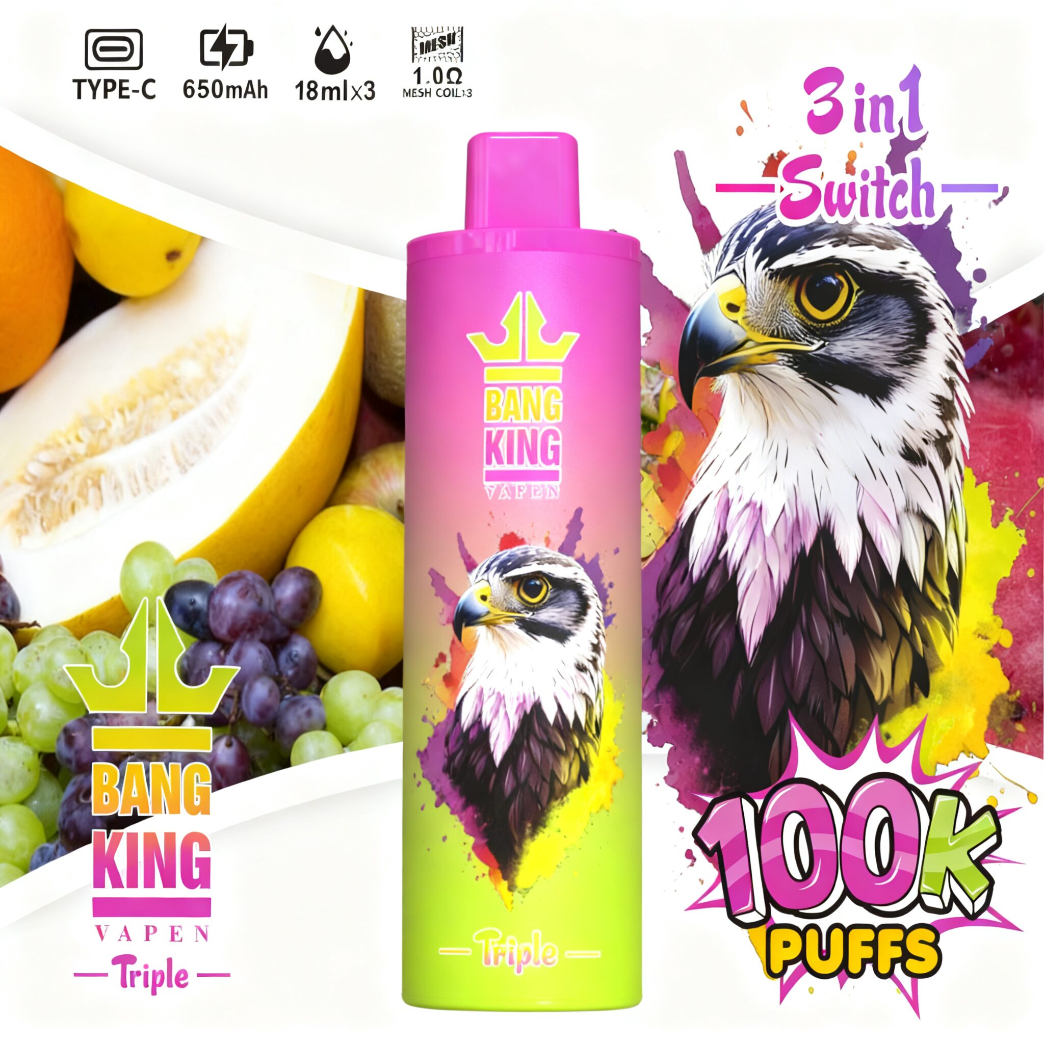 【New Arrive】Bang King Triple 100000 100K Puffs 3 in 1 Flavors Original Rechargeable Disposable Vape