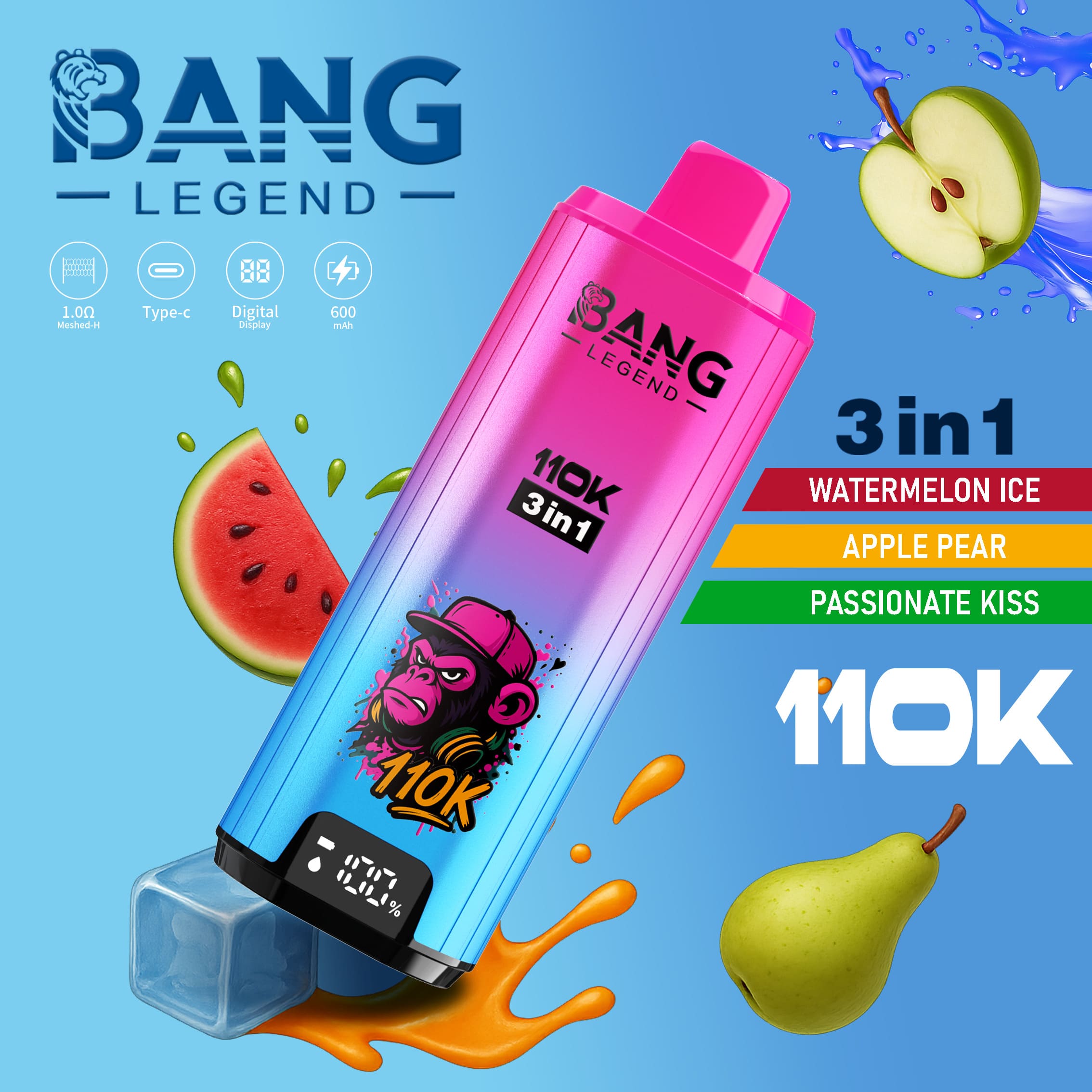 Bang Legend 110000 Puffs 3in1 Vape – Ultra Long-Lasting, Mesh Coil, Type-C Charging