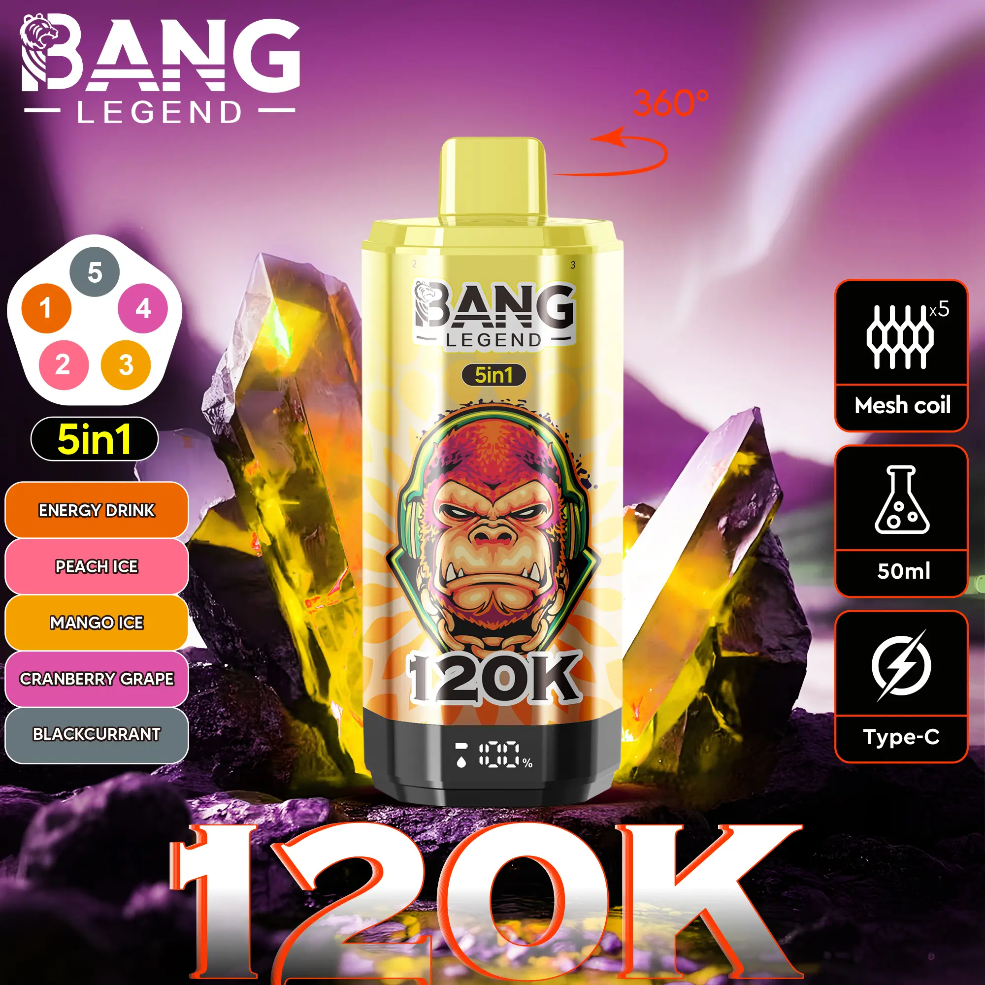 【New Arrive】Bang Legend 120000 120K Puffs 5 in 1 Flavors Newest Original Rechargeable LCD Display Disposable Vape