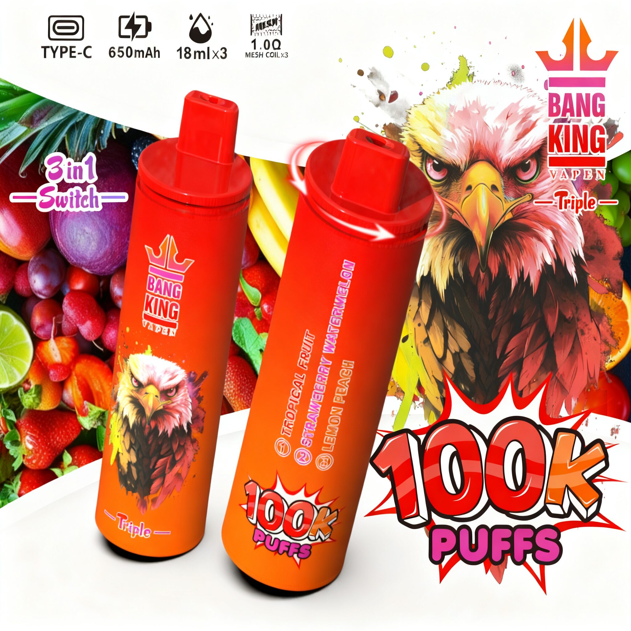 【New Arrive】Bang King Triple 100000 100K Puffs 3 in 1 Flavors Original Rechargeable Disposable Vape